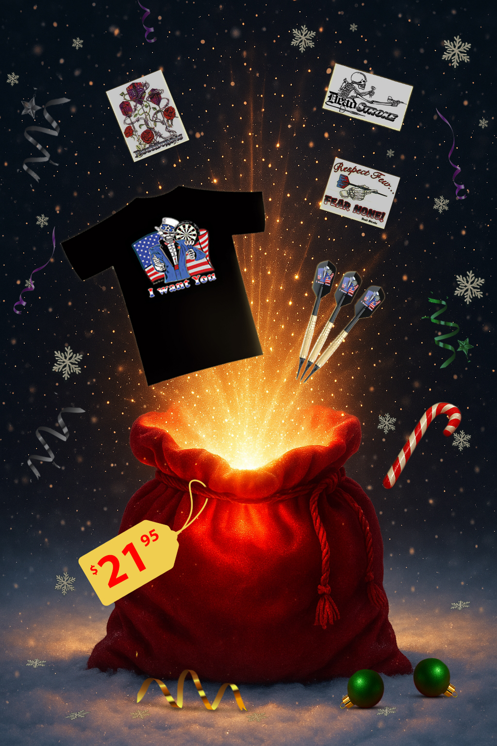 Holiday Promotional Image of Dead Stroke “I Want You” Dart Player Bundle