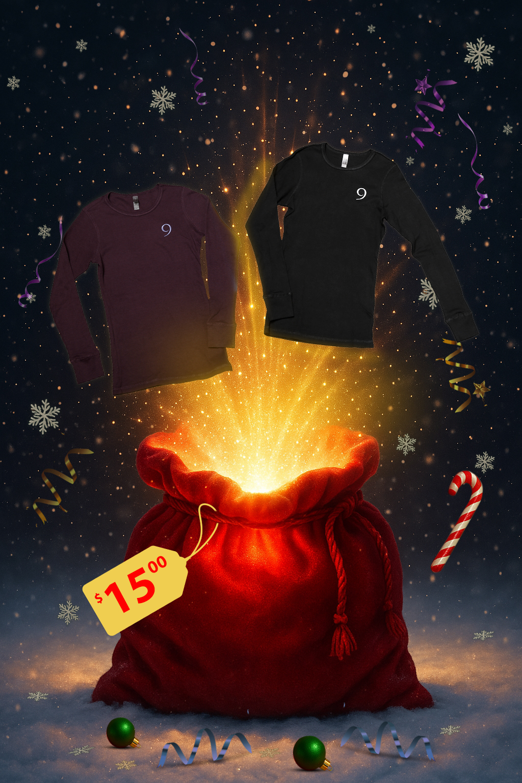 Holiday Promotional Image of Women’s 9-Ball Embroidered Thermal Shirt Bundle