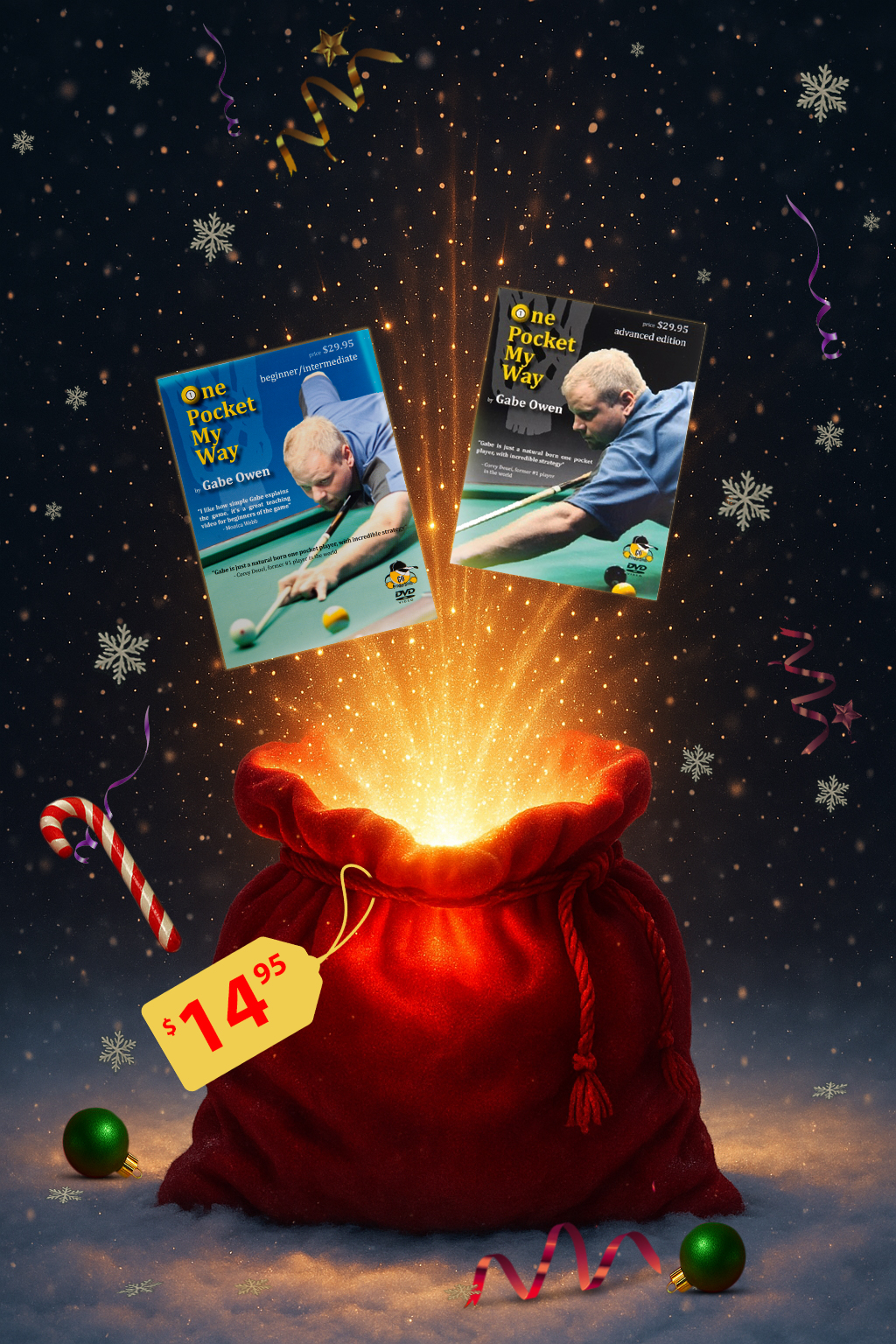 Holiday Promotional Image of One Pocket Mastery Two-DVD Training Bundle