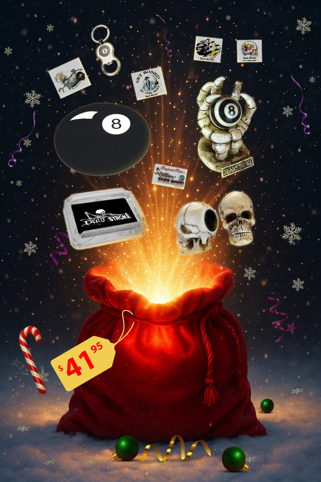 Holiday Promotional Image of Dead Stroke Pool Player Novelty Bundle